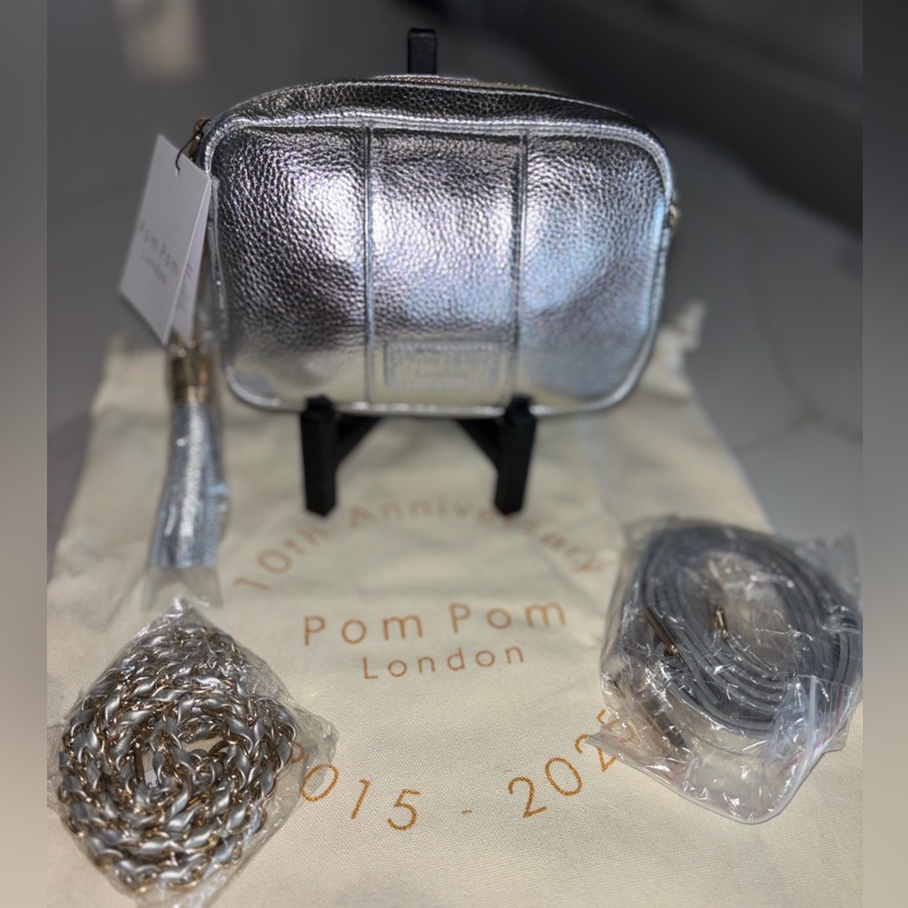 Pom Pom London City Mini metallic silver  Crossbody purse Strap bundle NWT